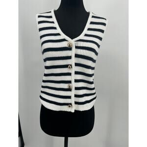 French Connection Navy White Stripe Knit Button Sweater Vest V-Neck  Size Small